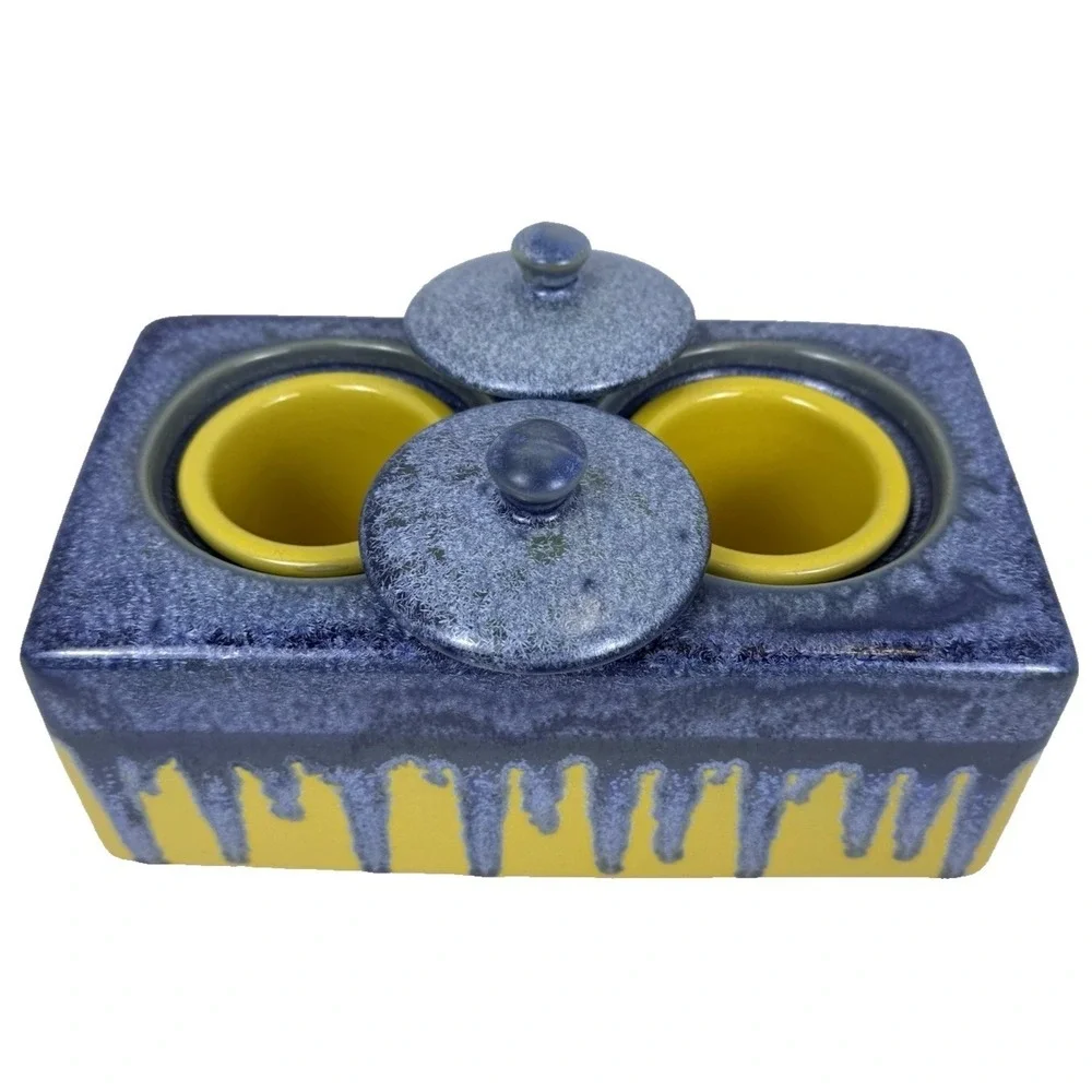 Ceramic Vanity Organizer Sink Caddy Lidded Jars Blue Drip Glaze on Yellow